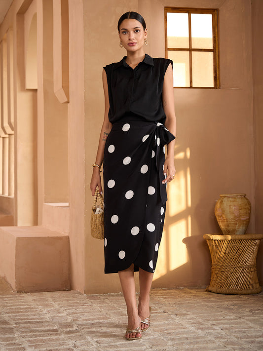 Elegant Polka Dots Cotton Like Wrap Skirt