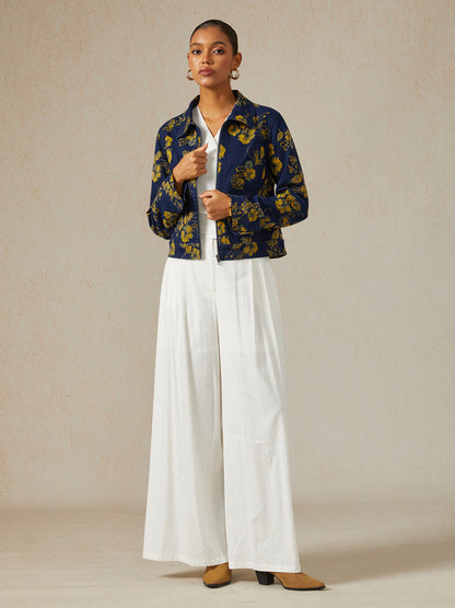 Denim Yellow Floral Pattern Turn Down Collar Jacket