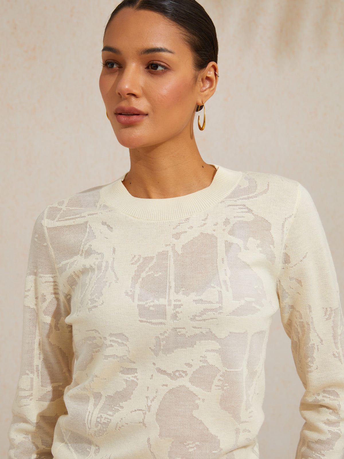 Organza Wool Knit Floral Crew Neck Sweater