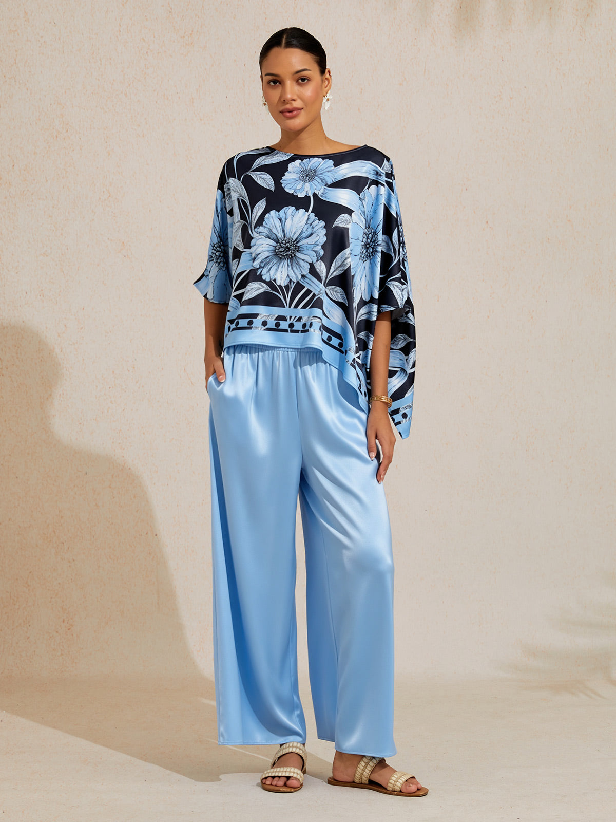 Sepia Noir Bloom Silky Satin Dolman Sleeve Top