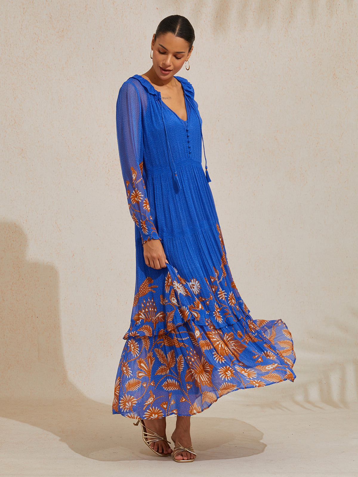 Chiffon Tropical Flowers Puff Sleeve Maxi Dress