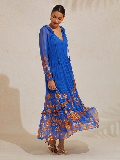 Chiffon Tropical Flowers Puff Sleeve Maxi Dress