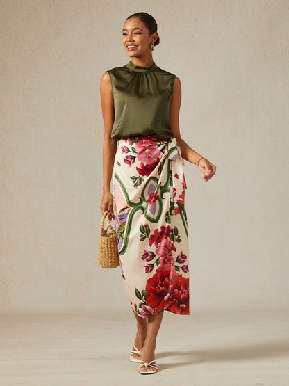 Hawaii Palm Silky Satin Wrap Skirt