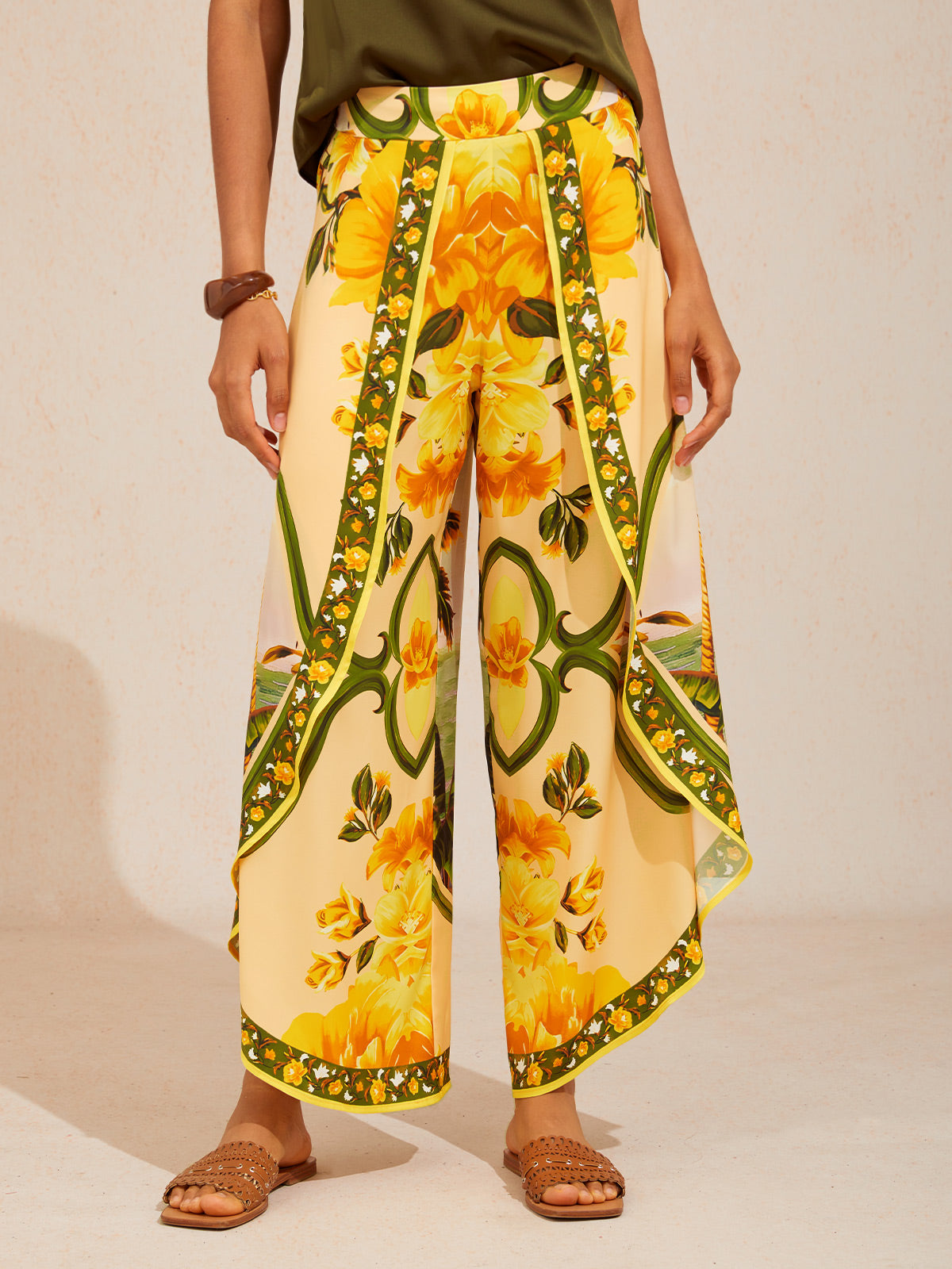 Azure Bloom Satin Slit Wide Leg Pants