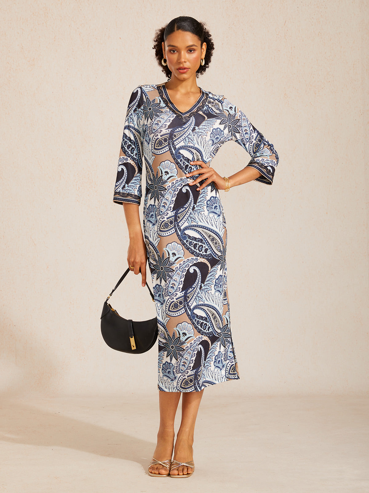 Abstract Paisley Print Knit Stretch Fitted Maxi Dress