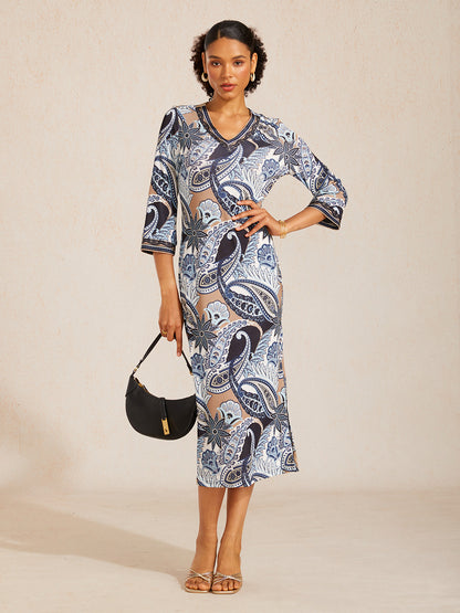 Abstract Paisley Print Knit Stretch Fitted Maxi Dress