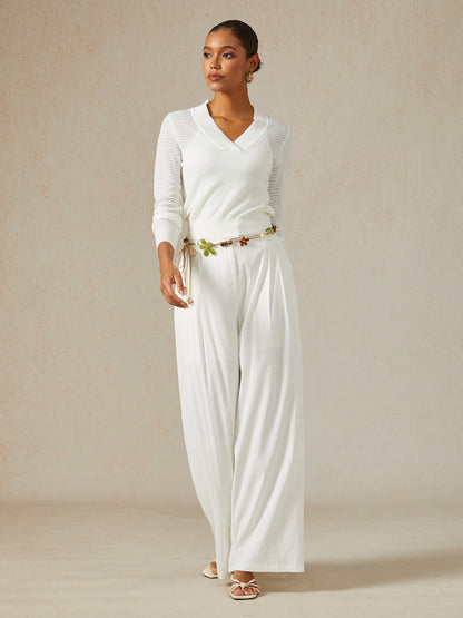 Wavy Detail Thin V-Neck Sweater