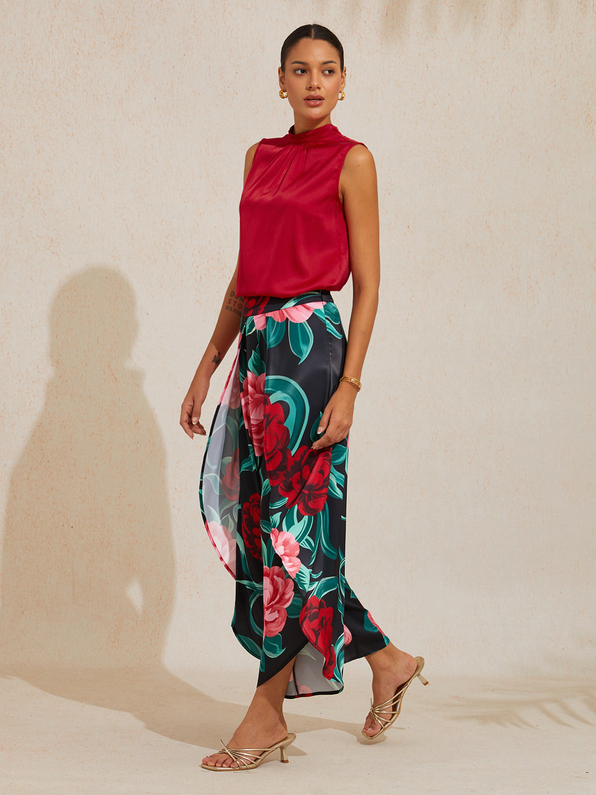 Emerald Rose Garden Silky Satin Sleeveless Top