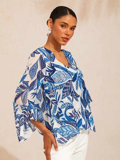 Azure Leaves Flowy Chiffon Top