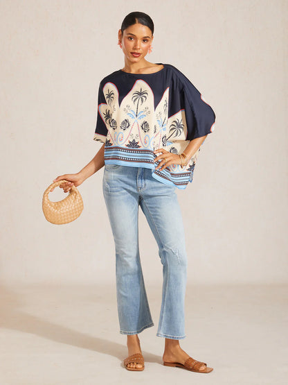 Summer Night Palm Silky Satin Dolman Sleeve Top