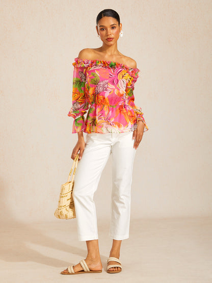 Wild Hibiscus Dream Flowy Chiffon Off-Shoulder Top
