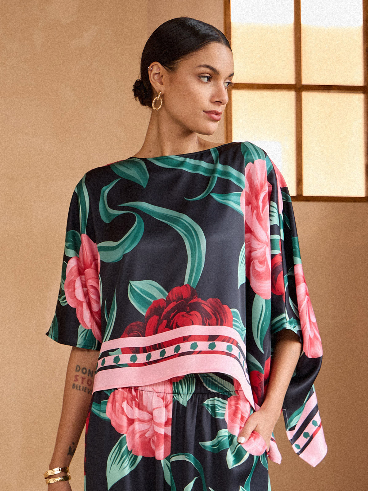 Emerald Rose Garden Silky Satin Sleeve Batwing Top