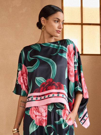 Emerald Rose Garden Silky Satin Sleeve Batwing Top