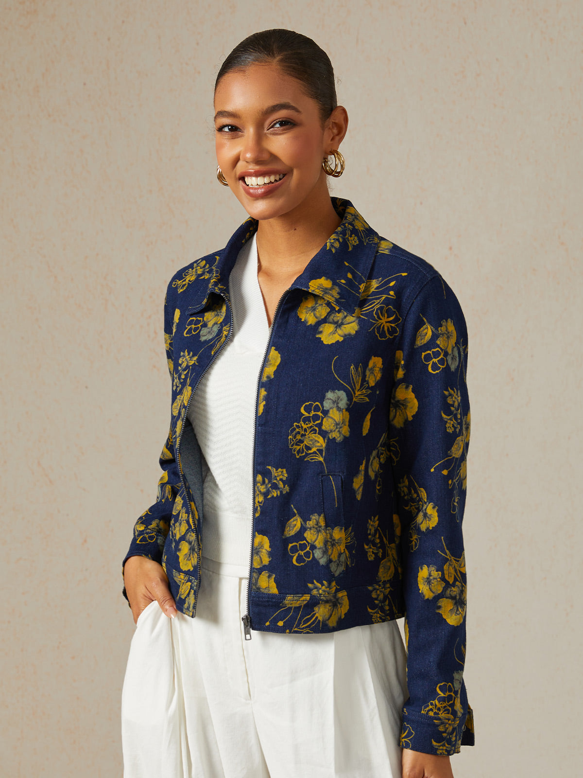 Denim Yellow Floral Pattern Turn Down Collar Jacket