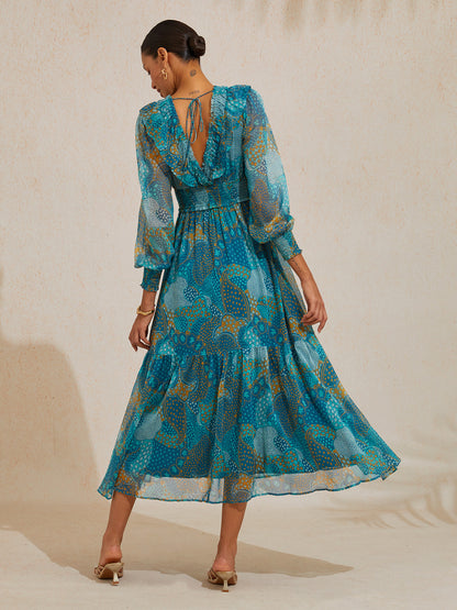 Floral Chiffon Tropical Flowers Puff  Sleeve Maxi Dress