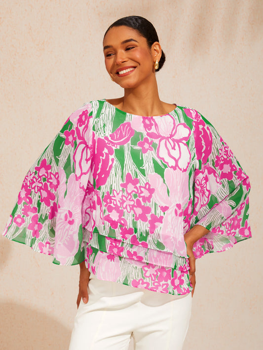 Pink Jungle Flora Flowy Chiffon Layered Top