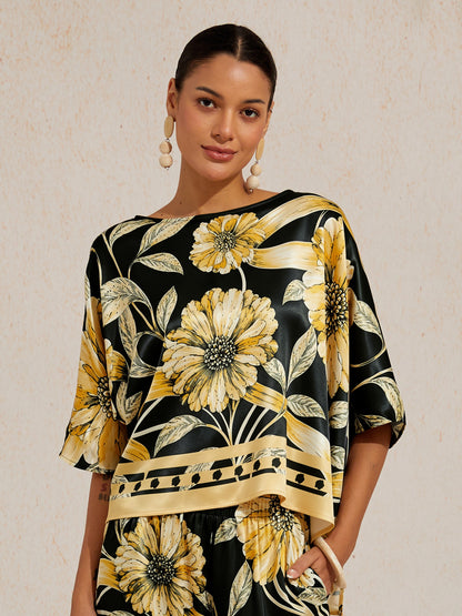 Sepia Noir Bloom Silky Satin Dolman Sleeve Top