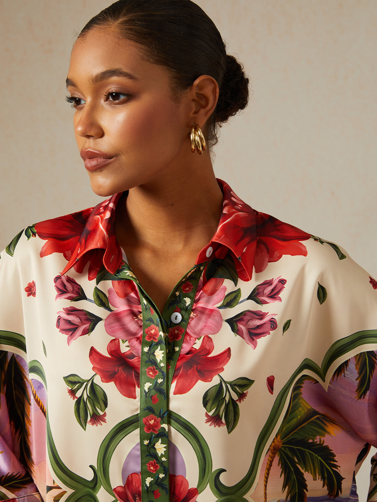 Hawaii Palm Silky Satin Button Down Oversized Shirt