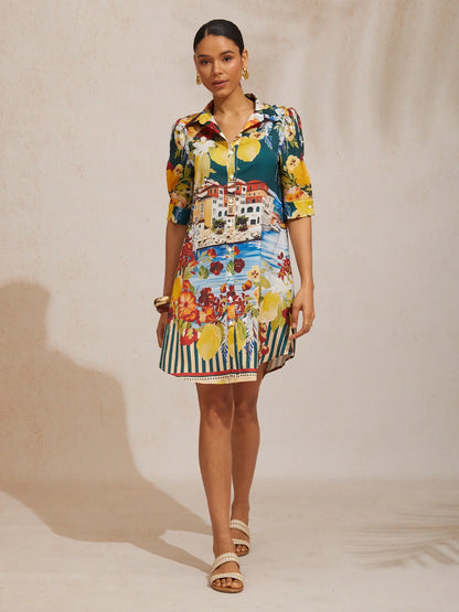 Mallorca Blossom Silky Satin Straight Shirt Dress