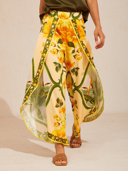 Azure Bloom Satin Slit Wide Leg Pants