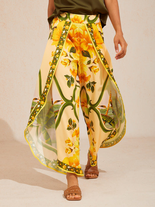 Hawaii Palm Satin Slit Wide Leg Pants