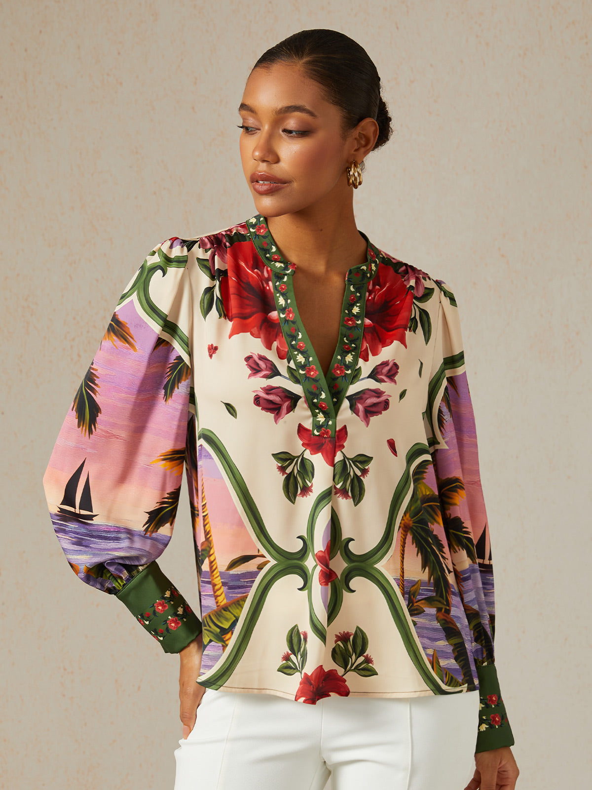 Hawaii Palm Silky Satin Blouse