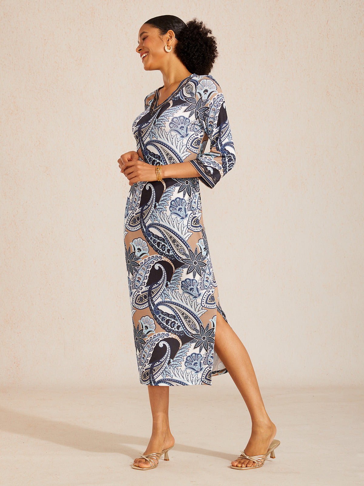 Abstract Paisley Print Knit Stretch Fitted Maxi Dress