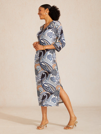 Abstract Paisley Print Knit Stretch Fitted Maxi Dress