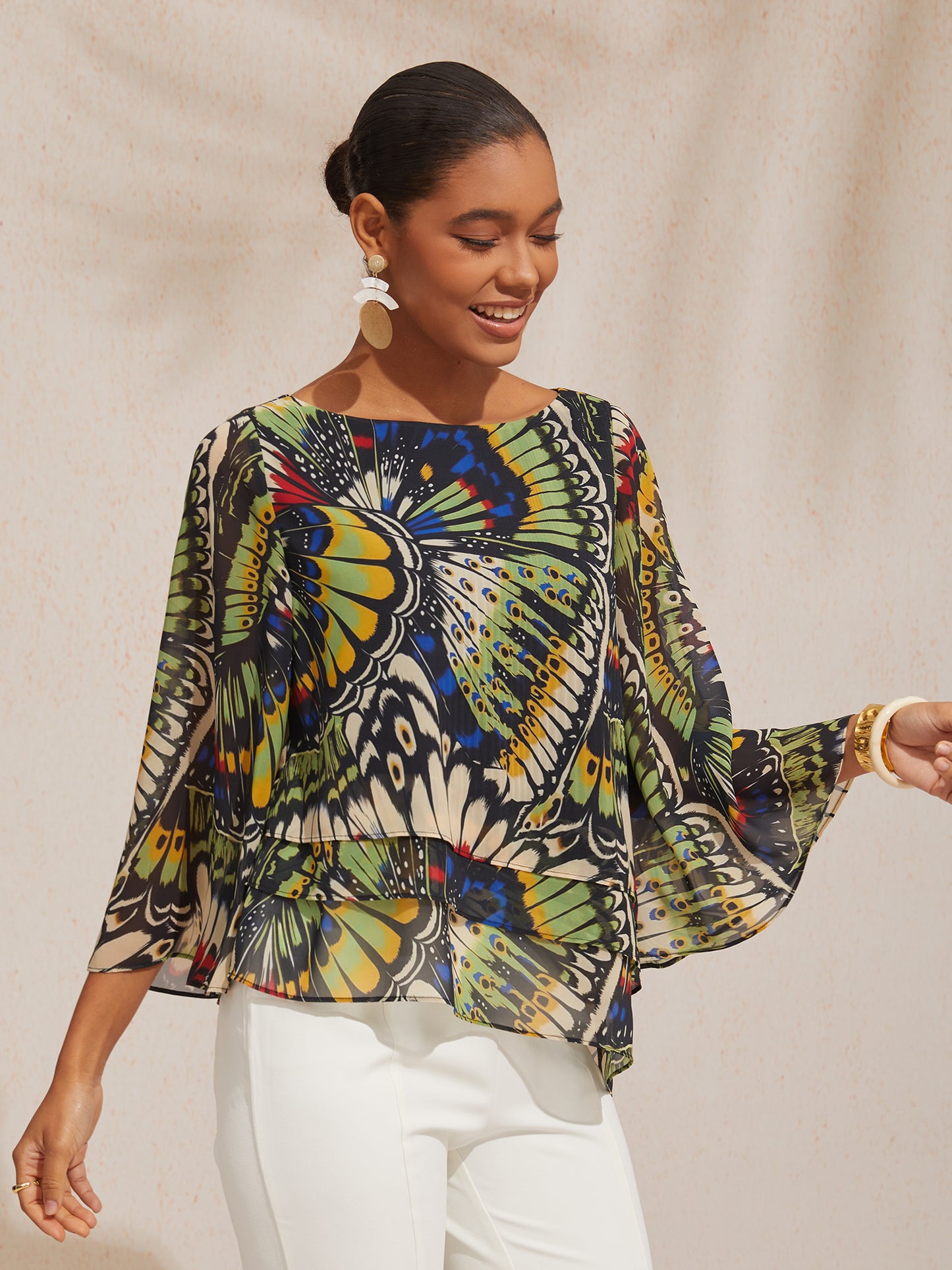 Blouse Rose Fluide en Mousseline à Volants Imprimé Fleuri Printemps