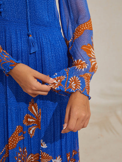 Chiffon Tropical Flowers Puff Sleeve Maxi Dress