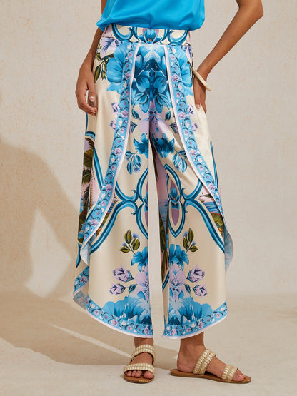 Pantalones Anchos de Satén Sedoso Azul Océano Orquídea