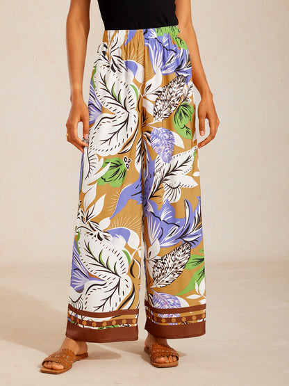 Wild Hibiscus Dream Silky Satin Wide Leg Pants