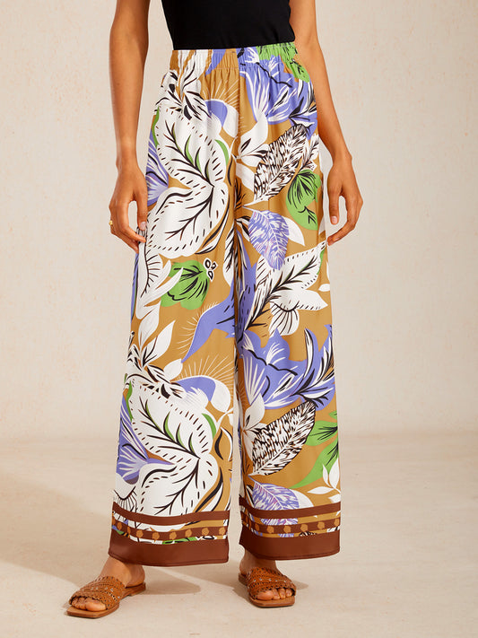 Wild Hibiscus Dream Silky Satin Wide Leg Pants