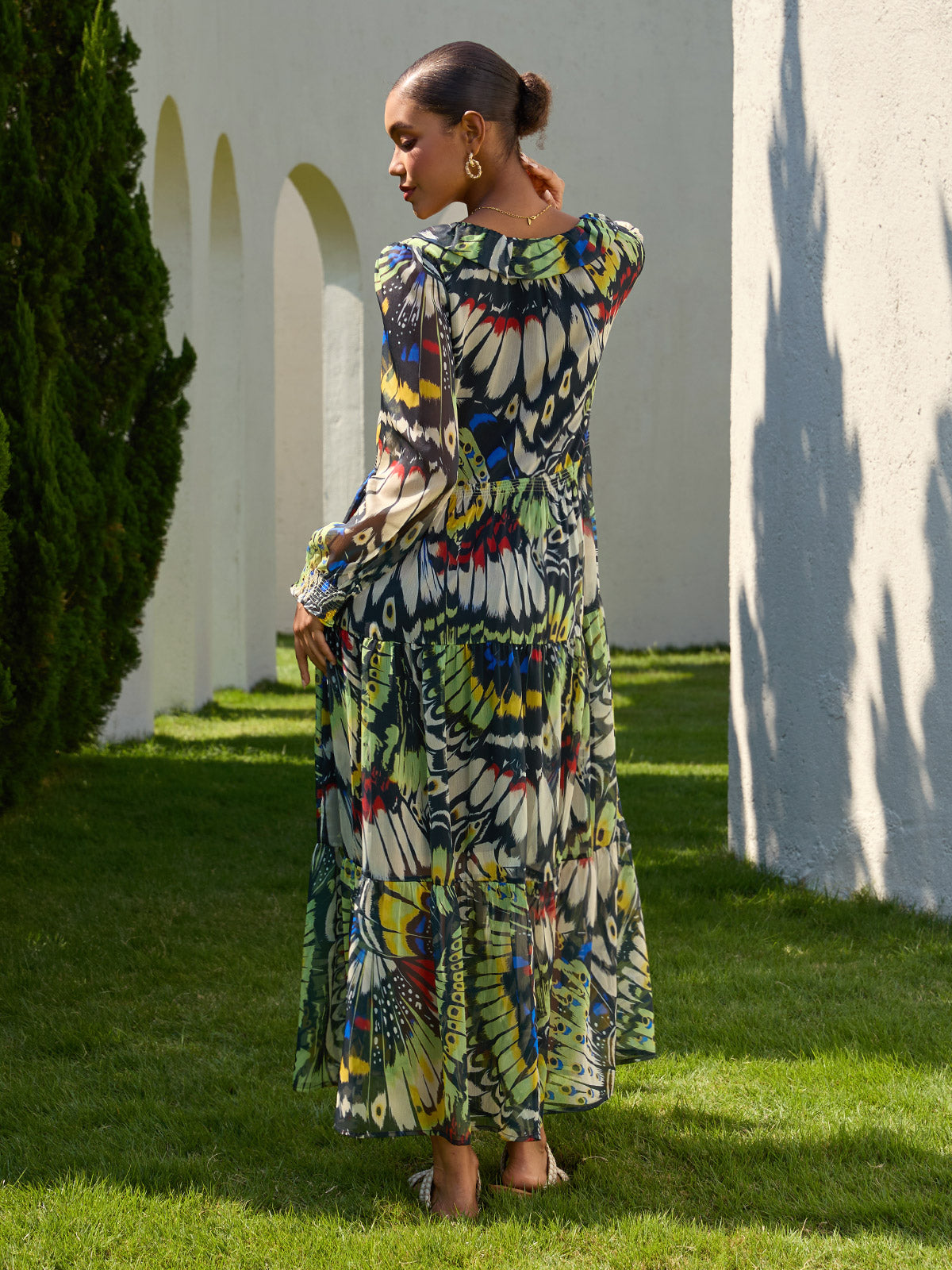 Midnight Jewel Bloom Flowy Chiffon Maxi Dress