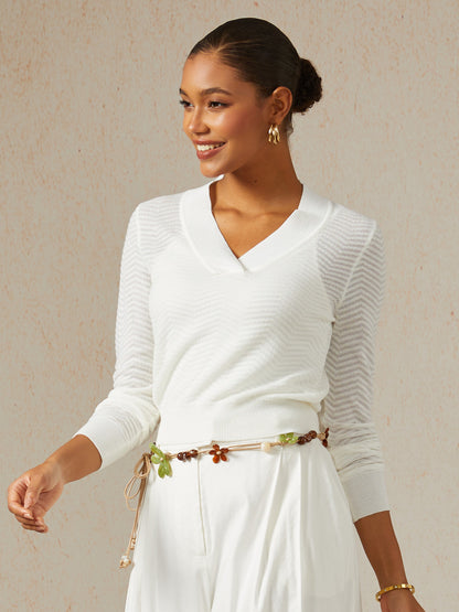 Wavy Detail Thin V-Neck Sweater