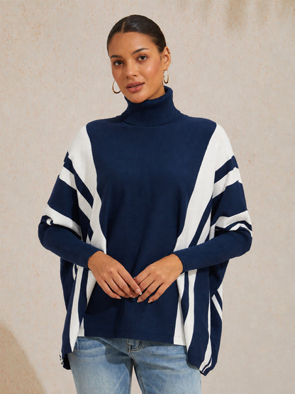 Contrast Stripe High-Stretch Mock Neck Knit Sweater