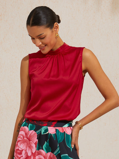Emerald Rose Garden Silky Satin Sleeveless Top