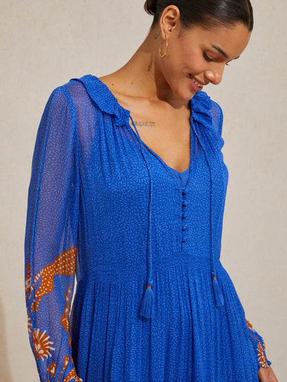 Chiffon Tropical Flowers Puff Sleeve Maxi Dress