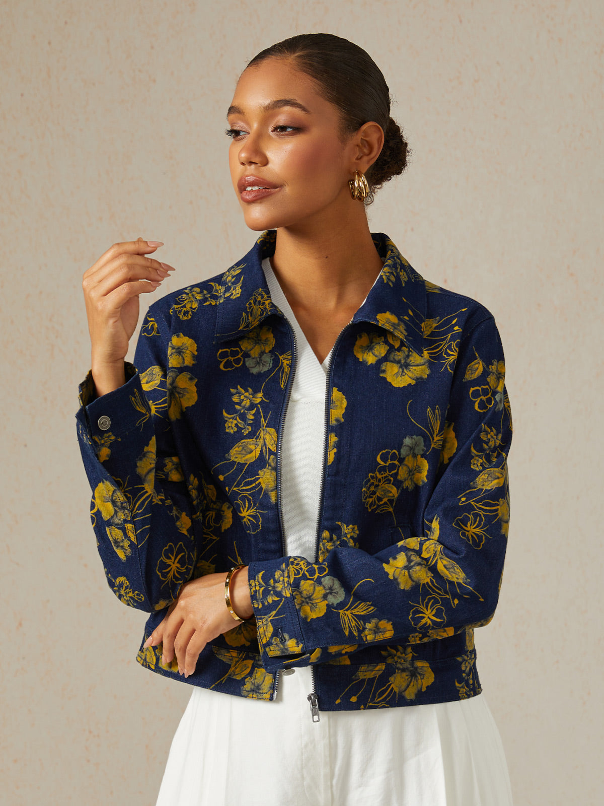 Denim Yellow Floral Pattern Turn Down Collar Jacket