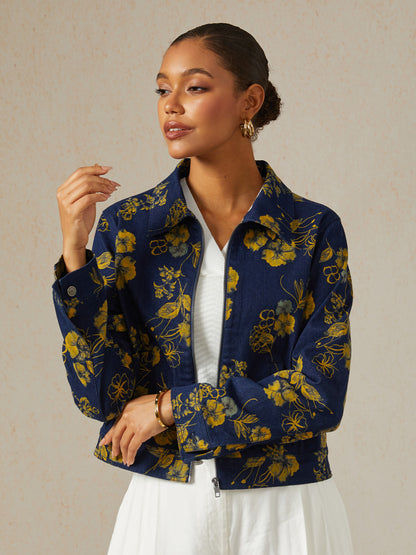 Denim Yellow Floral Pattern Turn Down Collar Jacket