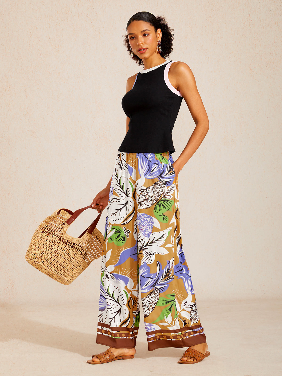 Wild Hibiscus Dream Silky Satin Wide Leg Pants