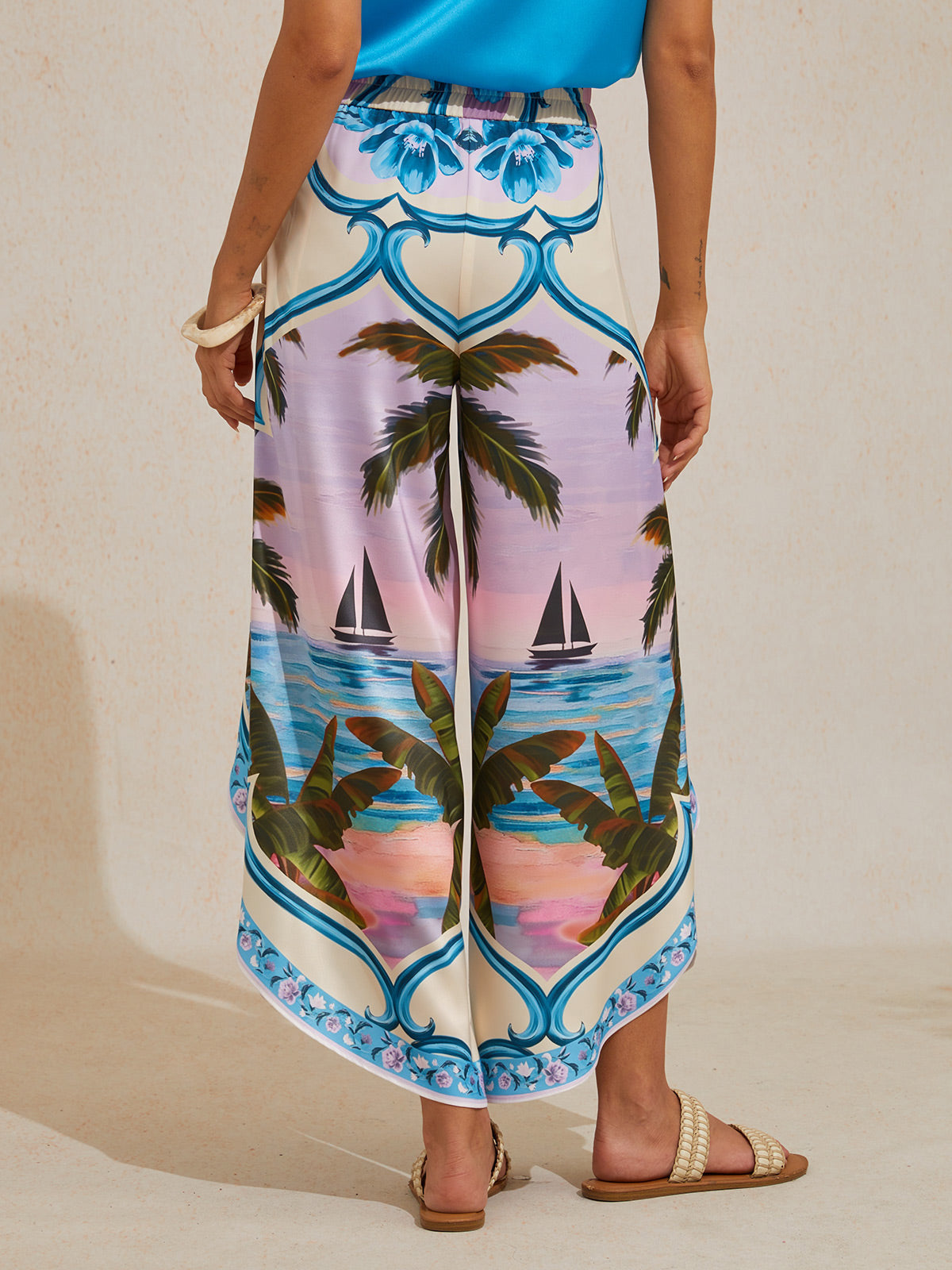 Pantalons fleuris en satin soyeux style Hawaï Palm
