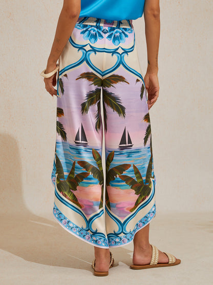 Pantalons fleuris en satin soyeux style Hawaï Palm