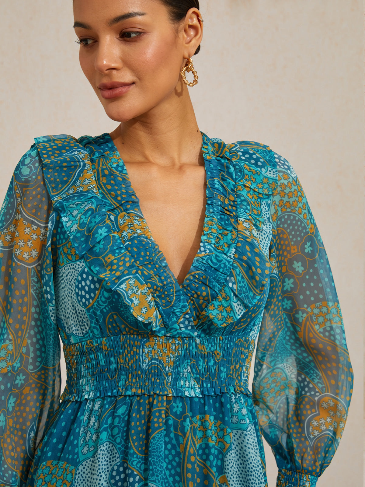 Floral Chiffon Tropical Flowers Puff  Sleeve Maxi Dress