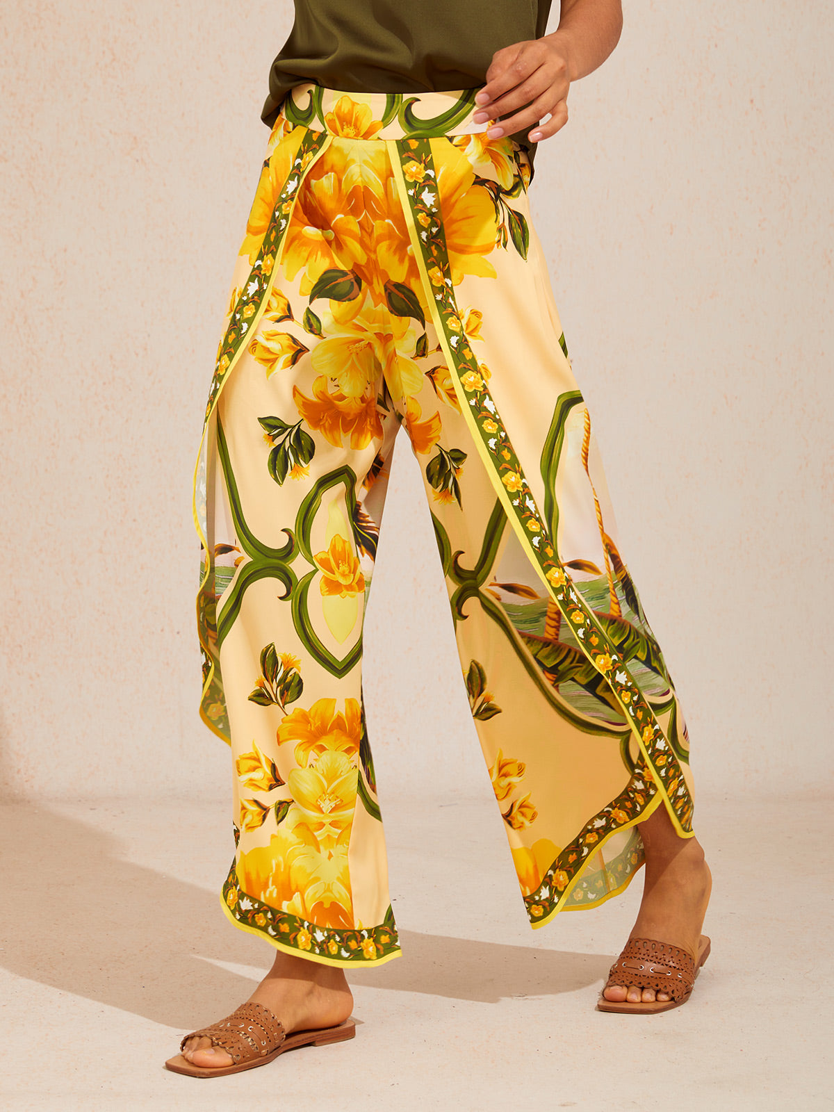 Hawaii Palm Satin Slit Wide Leg Pants