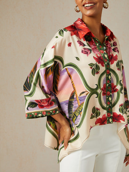 Hawaii Palm Silky Satin Button Down Oversized Shirt