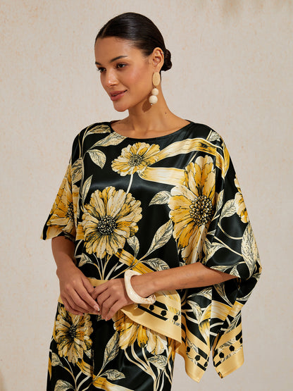 Sepia Noir Bloom Silky Satin Dolman Sleeve Top