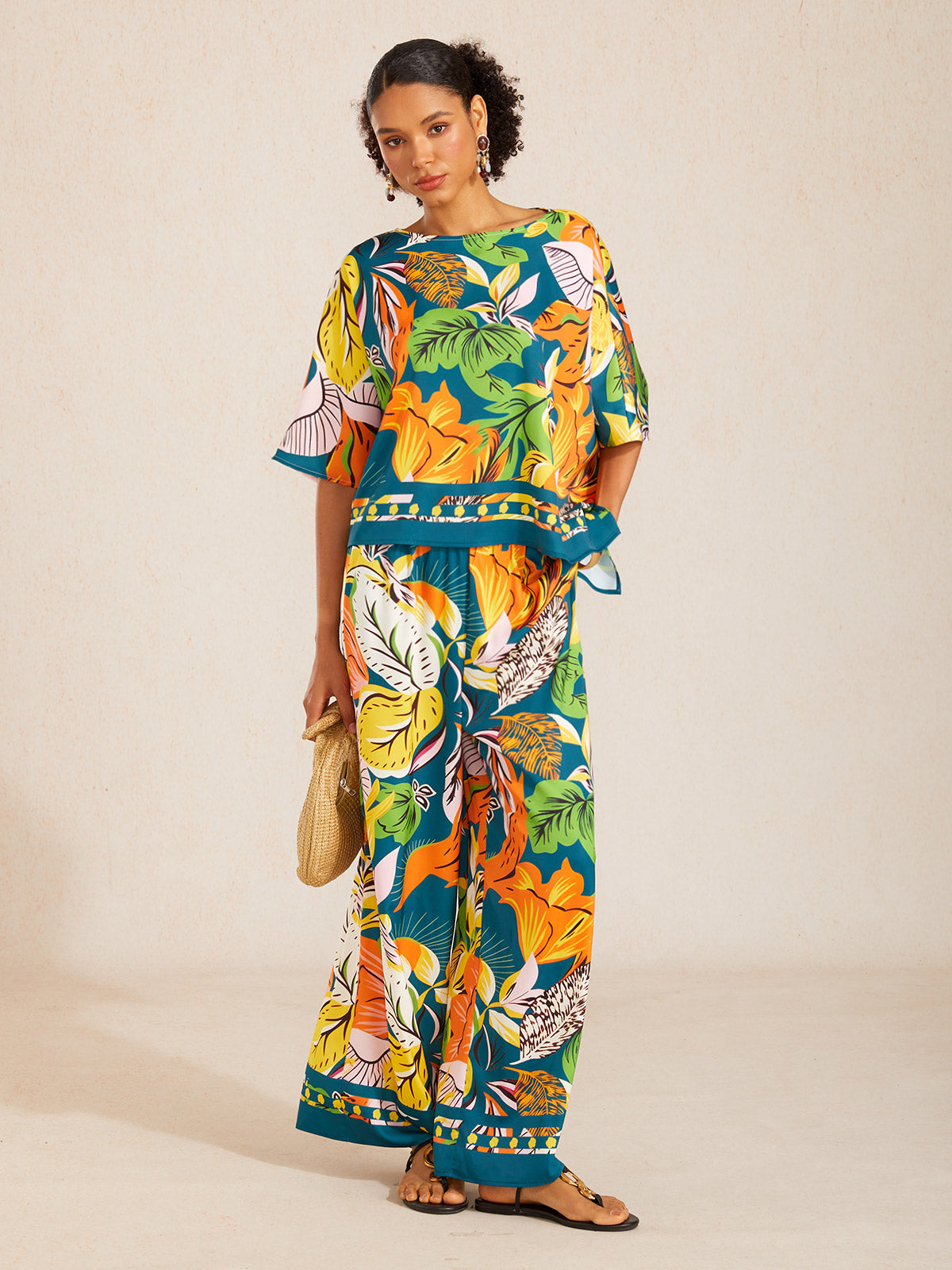 Wild Hibiscus Dream Silky Satin Dolman Sleeve Top