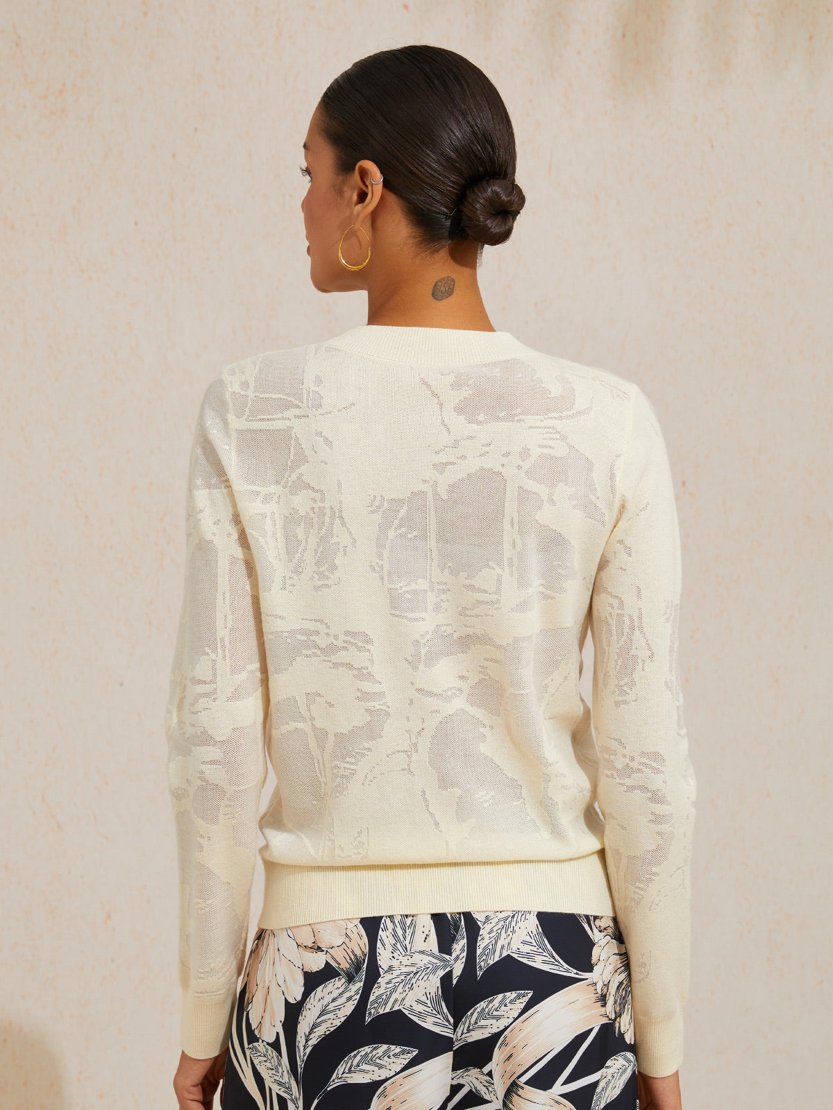 Organza Wool Knit Floral Crew Neck Sweater