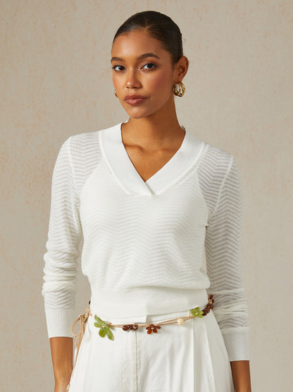Wavy Detail Thin V-Neck Sweater